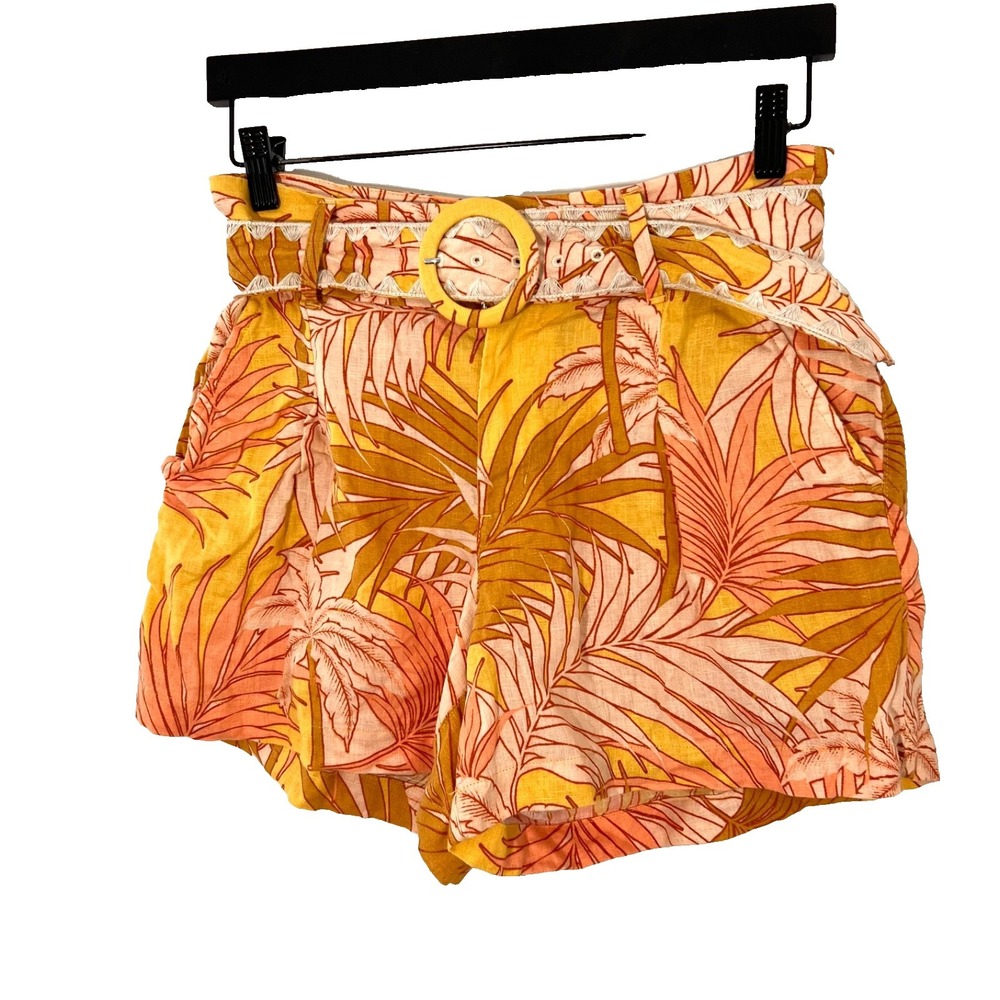 Tahari Shorts Womens‎ S Yellow European Linen Belted Tropical Coastal Boho